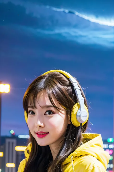 (Realistic:1.2), 18yo Girl, headphones Outfit, yellow jacket, view from below, (city:1.4), (starry sky:1.1) , (neon lights, sparkle, lightning:1.1)
