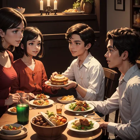 menino, 13 anos, sorrindo, cabelos negros, olhos castanhos, alegres e marcantes, sitting at a dinner table with his family, esti...