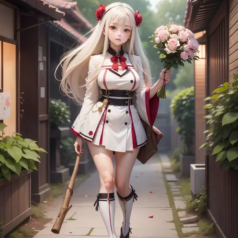 anime girl with long white hair holding a stick and a rose, boobs, full body, anime visual of a cute girl, light novel cover art...