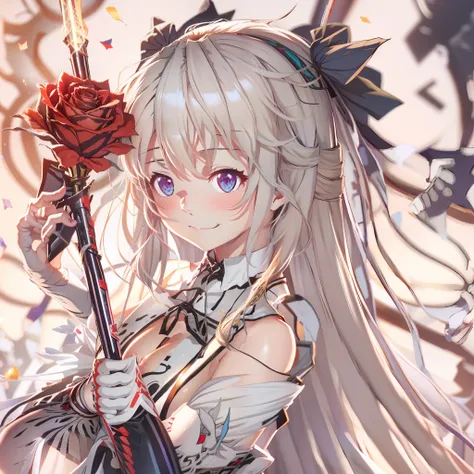 anime girl with long white hair holding a stick and a rose, boobs, full body, anime visual of a cute girl, light novel cover art...