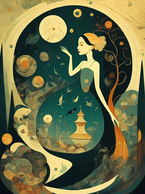 A painting in the style of Tamara Lempicka, Paul Klee, Michael Parkes, Gustav Klint, Raffaello Ossola, Tiffany Bozic, Tim O’Brien, Wassily Kandinsky, Catherine Abel, Marc Chagall, Franz Marc, Jorge Gonzalez Camarena, Dimitar Bogdanov, Michael Cheval, Wassi...