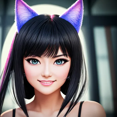 black hair, hair bobbles, wince, longeyelashes, solid circle eyes, fake animal ears, light smile, ear blush, fang, surrealism, d...