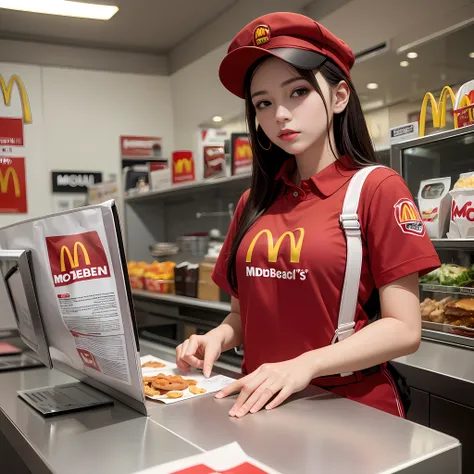 jovem mulher mexicana vestindo uniforme mcdonalds, (camisa vermelha meio desabotoada), (low black pants), red cap with mcdonalds...