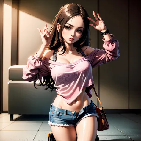 there's a woman posing in a pink shirt and jean shorts., menina anime sedutora, menina anime na vida real, anime garota cosplay,...