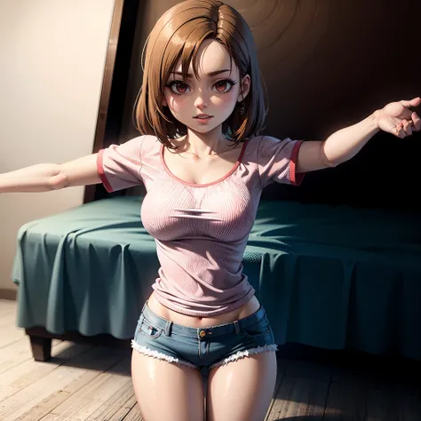 there's a woman posing in a pink shirt and jean shorts., menina anime sedutora, menina anime na vida real, anime garota cosplay,...