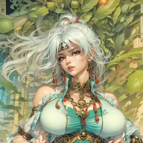 a close up of a woman in a dress with a large breast, full body, full color manga cover, style of masamune shirow, manga comic b...