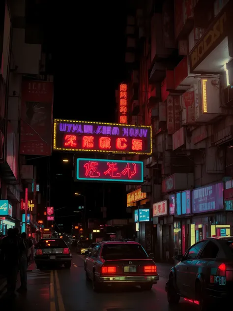 8K, RAW, Cinema lenses, cyberpunk style, Synth waves, ultra-realistic realism, Cars parked on the street in front of neon signs, Kowloon, Hong Kong, cyberpunk personage, neon signs in the background, neon lights above shops, retro-futurism, high resolution...
