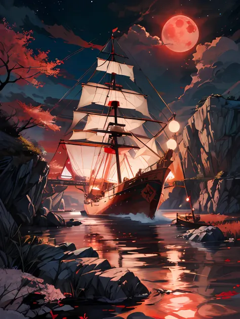 night time, a ancient marchent ship , sailing, crimson moon ,red cherry trees, river ,high tide,rock, calm, mesmerizing view, mo...