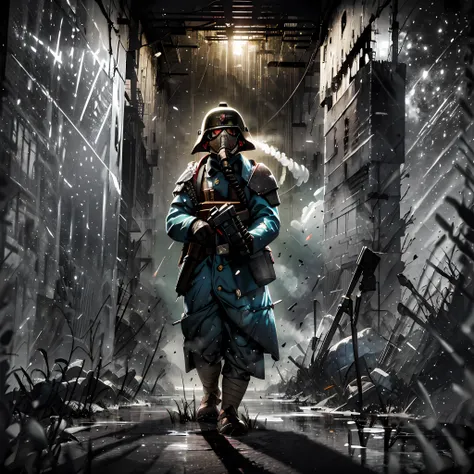 (absurdres, highres, ultra detailed),(masterpiece, best quality:1.2),1man, leaning against a wall, holding an lmg, destroyed cit...