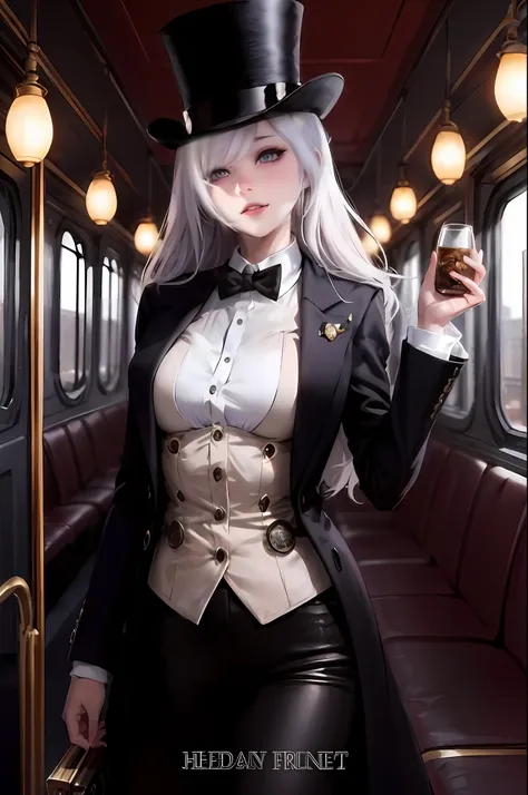 there's a woman in a top hat and jacket on a train, steampunk mulher anime bonita, cosplay glamouroso elegante, anime garota cos...