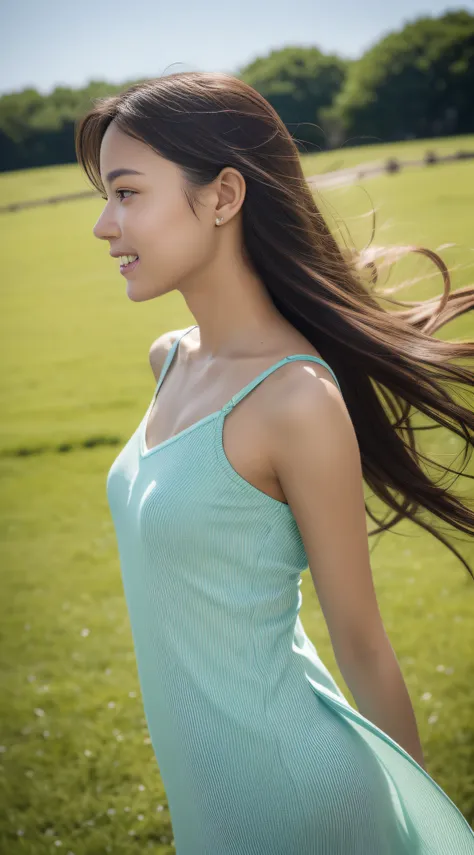 (8K、Raw photography、top-quality、masterpiece:1.2)、(realisitic、Photorealsitic:1.37)、ultra-detailliert、超A high resolution、1 fair-skinned girl、beautifull detailed face、grass field、is standing、onepiece、((((The hem of the dress fluttering in the wind))))、((((Ha...