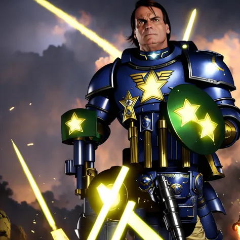 space marine em um mundo warhammer 40k, jair bolsonaro, kinematic lighting, dramatic light, uhd, ultra detalhada, pele detalhada...