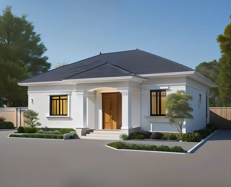 a drawing of a small house with slope roof, (brightenness:1.3), (morden:1.3)), (road:1.3), large space infront of, detail flower front perspective, frontview, perspective view, wide frontal view, front view, front-view, rendering, elevation view, front el...