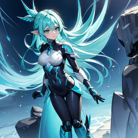 fairy, aqua fairy wings, iridescent scifi-like aqua-blue armor, a crest of dark aqua hair, standing on a beach at night during a...