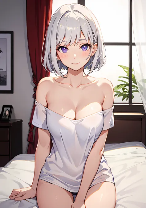 Point of view, 1girl, white hair, purple eyes, bob cut, wavy hair, average breasts, blush, light smile, glow, thighs, bare shoulders, collarbone, narrow waist, cleavage, (masterpiece),(oversized white t-shirt, no pants), (beautiful detailed face, beautiful...