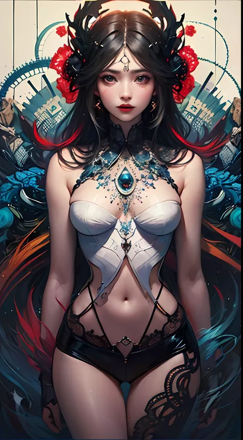 official art, unity 8k wallpaper, ultra detailed, beautiful and aesthetic, masterpiece, best quality, (zentangle, mandala, tangle, entangle), (fractal art:1.3) , 1girl, extremely detailed, dynamic angle, cowboyshot, the most beautiful form of chaos, elegan...