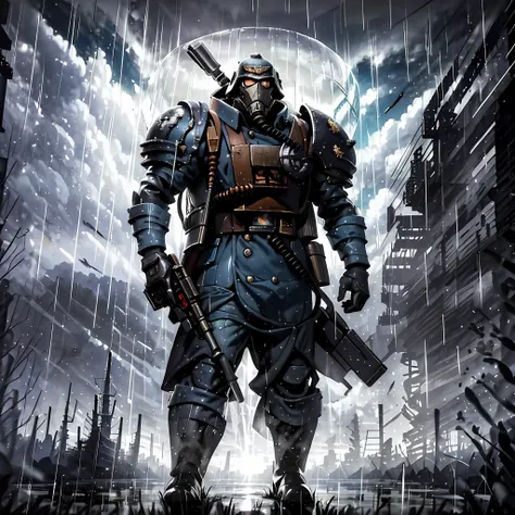 there is a man with a gun standing in the rain, epic fantasy sci fi illustration, warhammer 4 0 k artwork, apocalypse art!!!!, b...