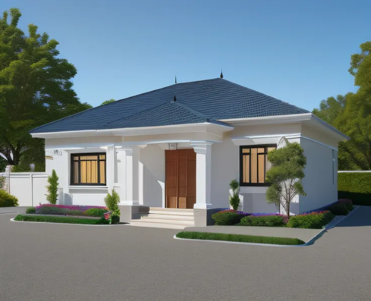 a drawing of a small house with slope roof, (brightenness:1.3), (morden:1.3)), (road:1.3), large space infront of, detail flower front perspective, frontview, perspective view, wide frontal view, front view, front-view, rendering, elevation view, front el...