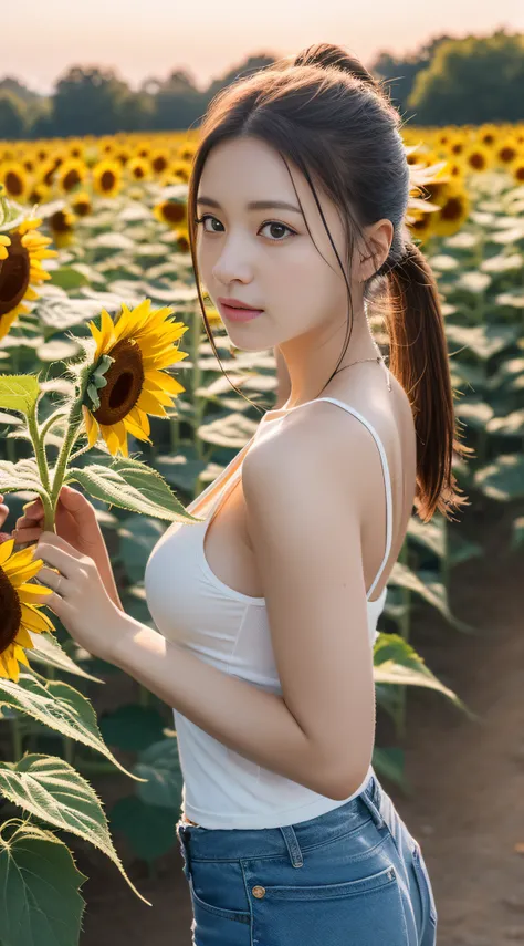(8K、Raw photography、top-quality、masterpiece:1.2)、(realisitic、Photorealsitic:1.37)、ultra-detailliert、超A high resolution、1 fair-skinned girl、large full breasts、poneyTail、beautifull detailed face、sunflowers fields、is standing、Tank Tops、shortpants、lensflare
