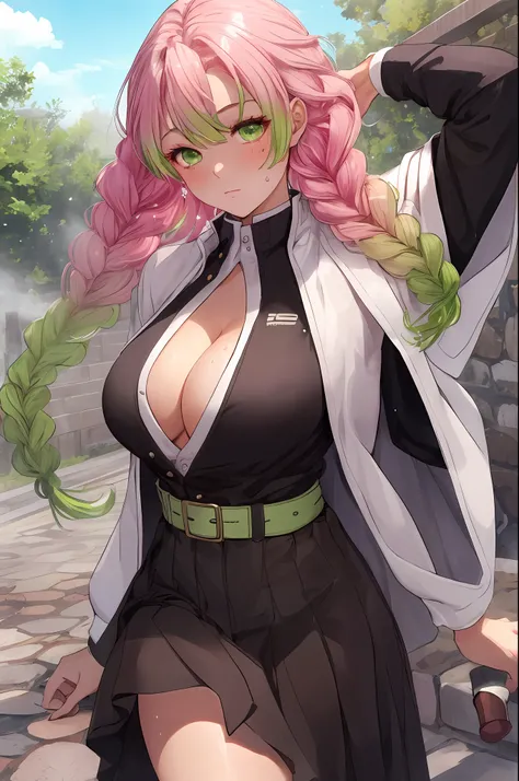 beautiful, (best quality, masterpiece, super detailed: 1.5), perfect lighting, shiny, hires, nature, cobblestone, steam, blue sky, in the distance, whole body, face focus, 1girl, Mitsuri (demon slayer), beautiful girl, beautiful face ((Mitsuri (demon slaye...