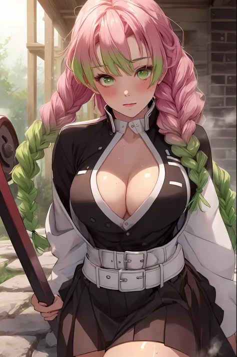 beautiful, (best quality, masterpiece, super detailed: 1.5), perfect lighting, shiny, hires, nature, cobblestone, steam, blue sky, in the distance, whole body, face focus, 1girl, Mitsuri (demon slayer), beautiful girl, beautiful face ((Mitsuri (demon slaye...