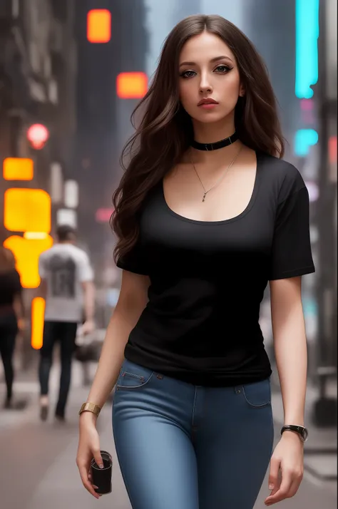 erotic oil painting of jenna, a woman (walking on the street), (((black round neck plain tee-shirt full length tee-shirt ))), pe...