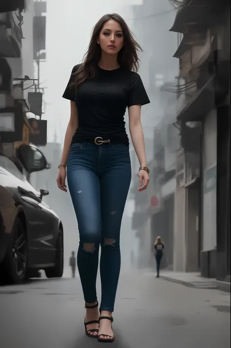 erotic oil painting of jenna, a woman (walking on the street), (((black round neck plain tee-shirt full length tee-shirt ))), pe...