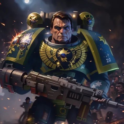 space marine em um mundo warhammer 40k, jair bolsonaro, kinematic lighting, dramatic light, uhd, ultra detalhada, pele detalhada...