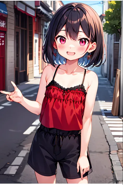 女の子1人、独奏、a dark-haired、short-hair、light red eyes、a smile、small breasts、camisole、street wear、​masterpiece、top-quality、the upper p...