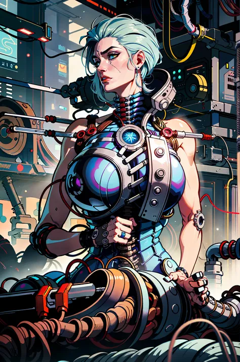 (absurdres, highres, ultra detailed), (a cyberpunk gunsmith in her workshop), huge breasts, strong, a little dirty, solo, mature...