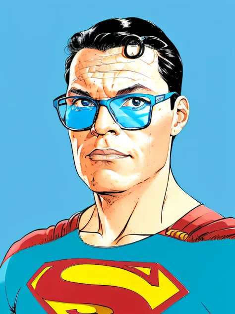 guttonerdjul23, (((retrato) de um homem de oculos, olhos castanhos escuro, com o uniforme do superman, Arte dos desenhos animados Desenhado ilustrado com pinceladas largas no estilo de Alex Ross