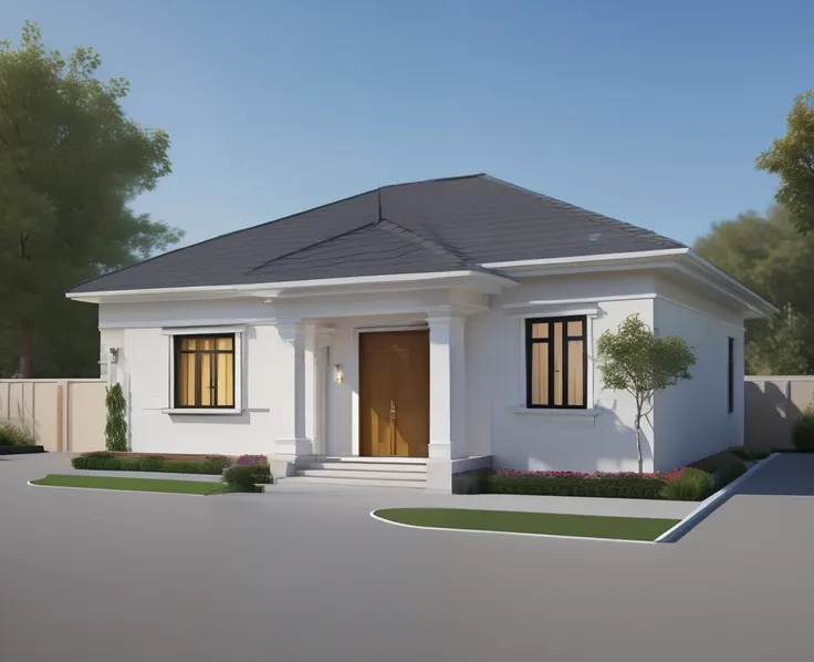 a drawing of a small house with slope roof, (brightenness:1.3), (morden:1.3)), (road:1.3), large space infront of, detail flower front perspective, frontview, perspective view, wide frontal view, front view, front-view, rendering, elevation view, front el...