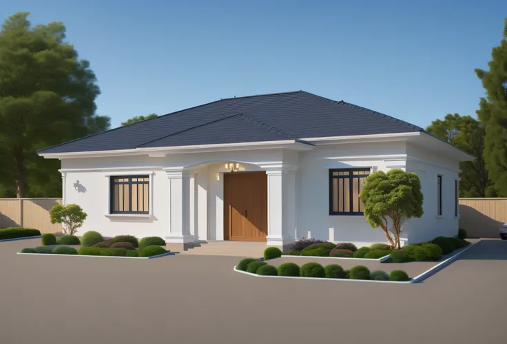 a drawing of a small house with slope roof, (brightenness:1.3), (morden:1.3)), (road:1.3), large space infront of, detail flower front perspective, frontview, perspective view, wide frontal view, front view, front-view, rendering, elevation view, front el...