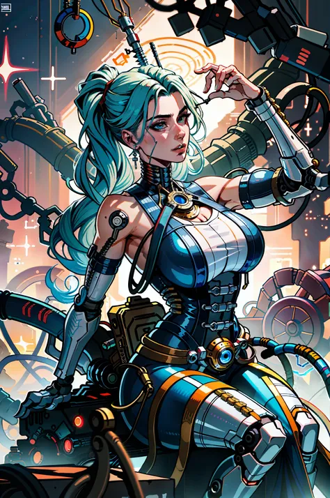 (absurdres, highres, ultra detailed), (a cyberpunk gunsmith in her workshop), huge breasts, strong, a little dirty, solo, mature...