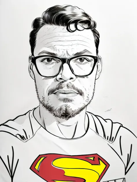 guttonerdjul23, (((retrato) de um garoto de 3 anos de idade usando oculos, olhos castanhos escuro, com o uniforme do superman, Arte dos desenhos animados Desenhado ilustrado com pinceladas largas no estilo de Alex Ross