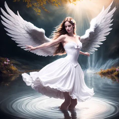 photo (fallenangel style:1) a digital painting of an (attractive angel:1) standing in the water wearing a white silk corset and ...