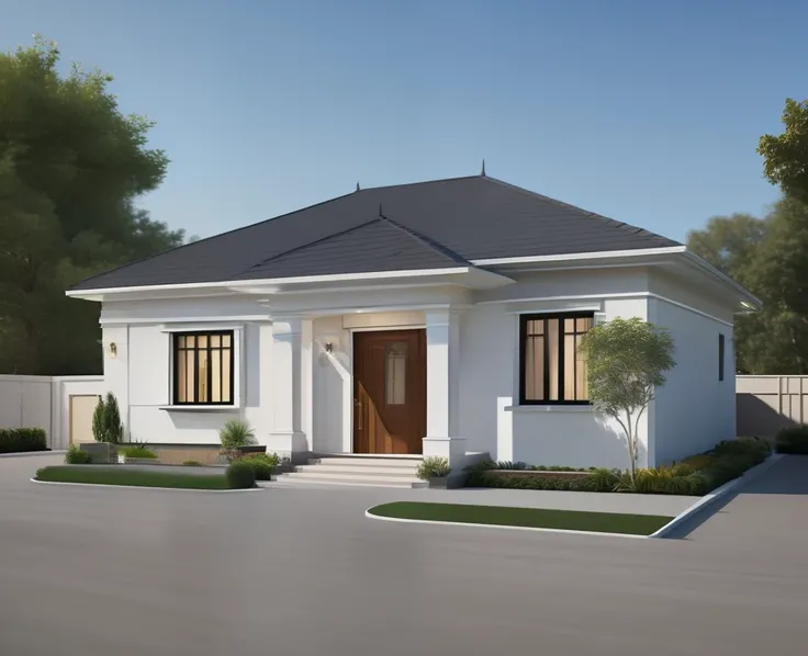 a drawing of a small house with slope roof, (brightenness:1.3), (morden:1.3)), (road:1.3), large space infront of, detail flower front perspective, frontview, perspective view, wide frontal view, front view, front-view, rendering, elevation view, front el...