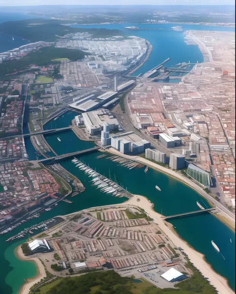 aerial view of a great coastal city, cortada por dois rios, with large sky scratches in the center, an industrial area, port are...