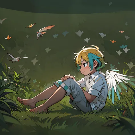 4K), Cute 7 year old little boy with small feet and short legs with colorful hair and barefoot and white clothes and wings on his back , he sits down on the meadow and stretches his feet in the air, Nebel Licht, Impressionismus, 2D, Focused on the feet, na...
