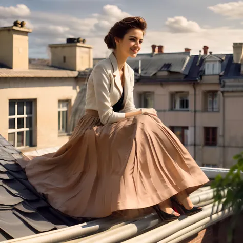 (shy smiling) woman sitting on a roof outside and playing with her skirt and spreading her skirt all over the roof, authentic (k...