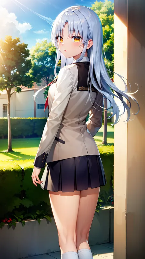 ((masterpiece)), ((best quality)), ((highres)), ((extremely detailed CG unity 8k wallpaper)), solo, tachibana kanade, tan school uniform, black skirt, white socks, curtained hair, silver hair, outdoors, sunny, garden, parted bangs, blush, sexy pose, angel ...