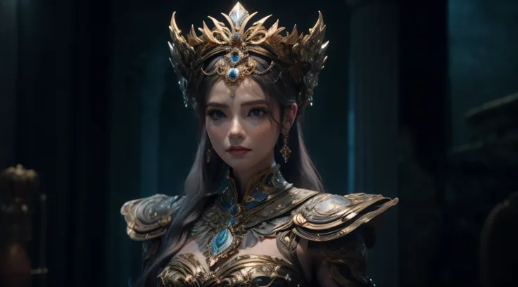 um close up de uma mulher usando uma coroa e um vestido azul, Retrato de uma rainha elfa, cinematic goddess close shot, Rainha elfa bonita e elegante, Retrato da Rainha da Luz, uma bela imperatriz fantasia, deusa. Detalhes extremamente altos, cinematic god...