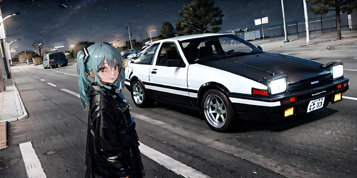 1girl, motor vehicle, parking lot, night, 
and 1girl, motor vehicle, parking lot, night, hatsune miku, 
and 1girl, motor vehicle...