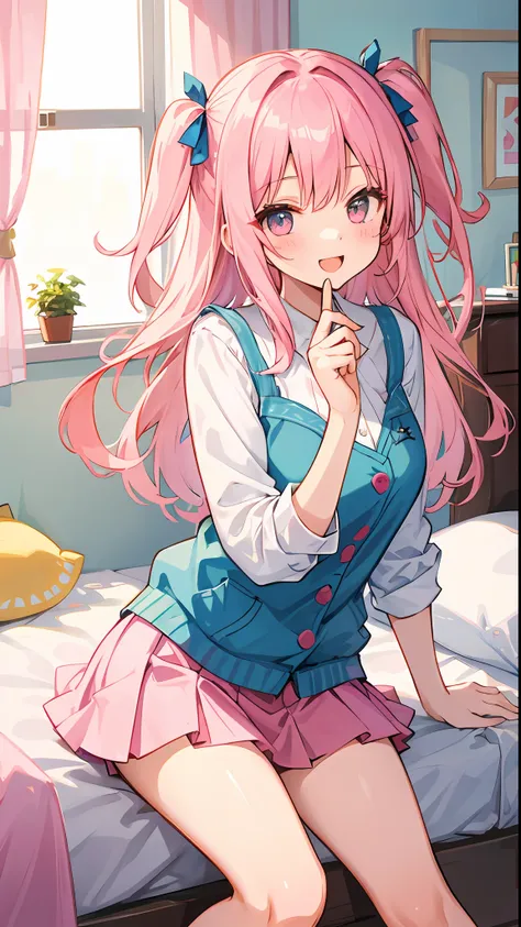 beautiful illustration, best quality, cute girl, bedroom, pink hair, happy, miniskirt, white blouse, two side up