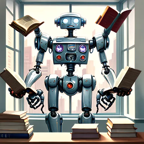 photo, a painting of friendly single robot with six arms, reading many books simultaneously, holding books up in air, reading tw...