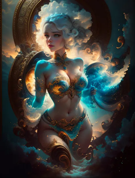 face by tom bagshaw art station,, Moon Goddess, Full Length Figure, Contemptuous Gaze, Detailed Face, (Naked: 1.4), (See-Through Lingerie: 1.3), Gold Decoration, Black Plain Background,beautiful caucasian girl close-up, body in dynamic movement, oil, digit...