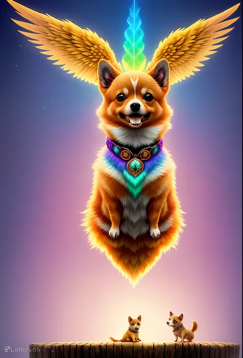 a baby pomeranian mongrel with chihuahua and feathered dachshund with wings, pelaje de color arco iris hecho de plumas tupidas, ...