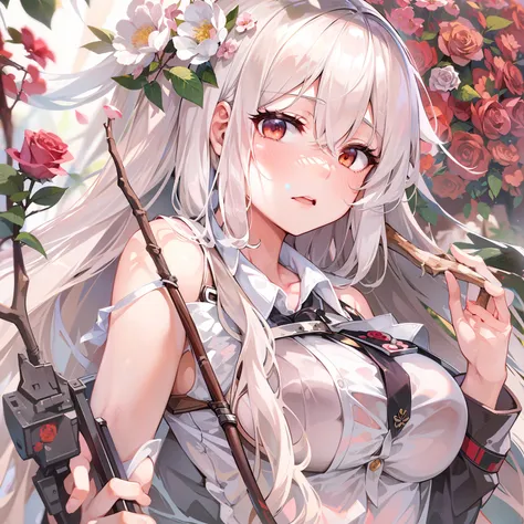 anime girl with long white hair holding a stick and a rose, boobs, full body, anime visual of a cute girl, light novel cover art...