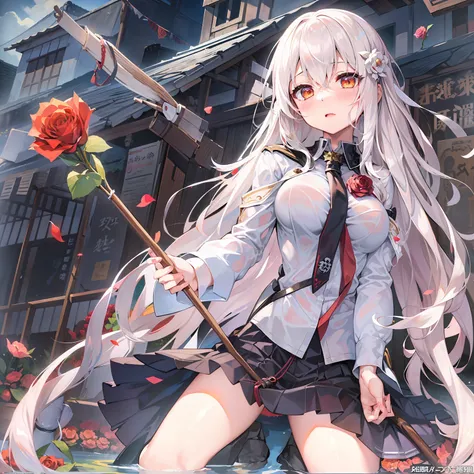 anime girl with long white hair holding a stick and a rose, boobs, full body, anime visual of a cute girl, light novel cover art...