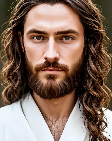 (symmetry),centered,a ((close)) up portrait,(jesus),a very thin white man with long hair and a beard,wearing a long white robe,3...